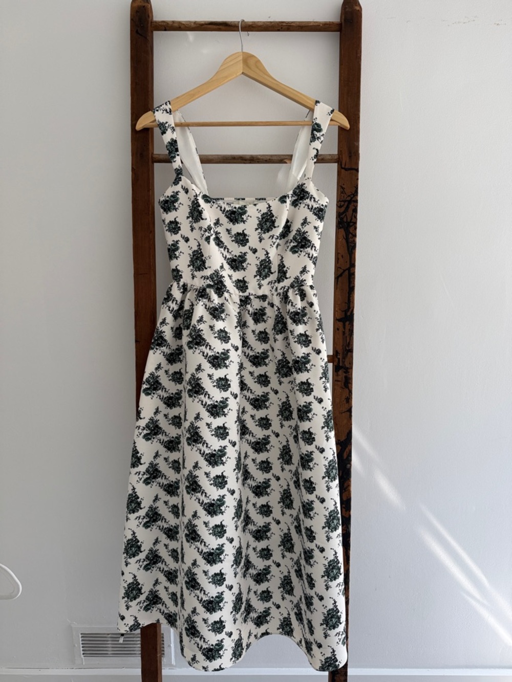 Sachin + Babi White Midi Dress with Dark Green Floral Print